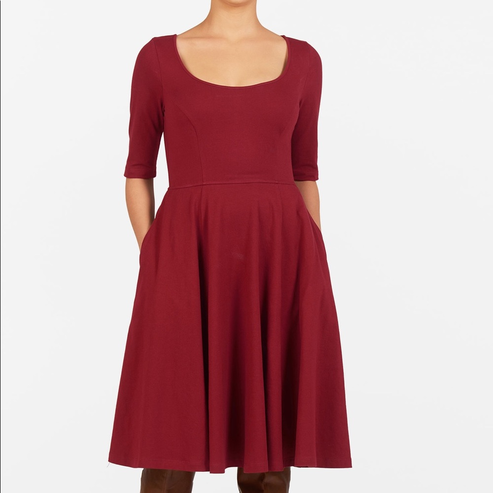 Eshakti Red Cotton Dress, Scoop Neck